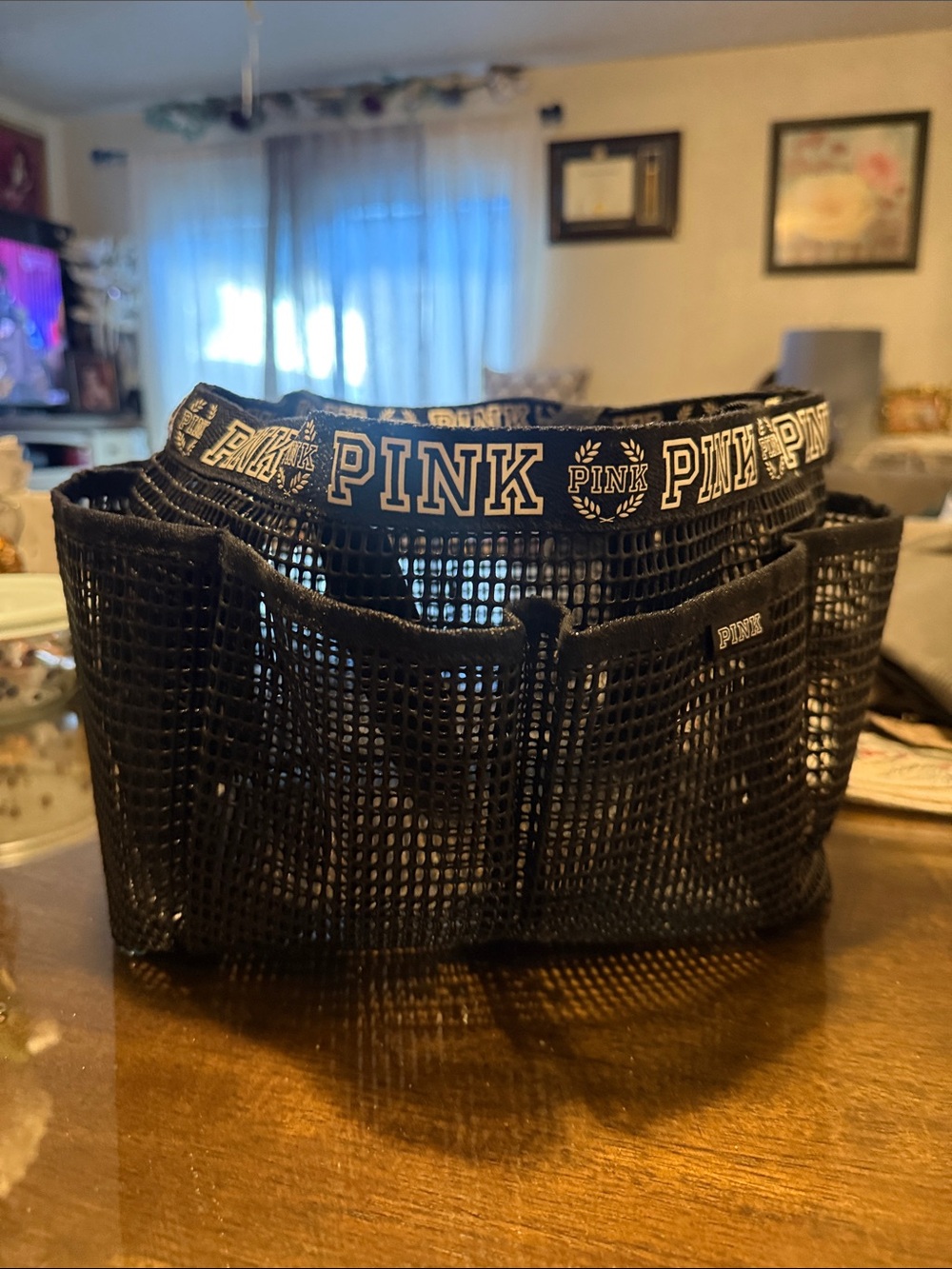 PINK Victoria's Secret Black Mesh Toiletry Organizer with Logo Trim